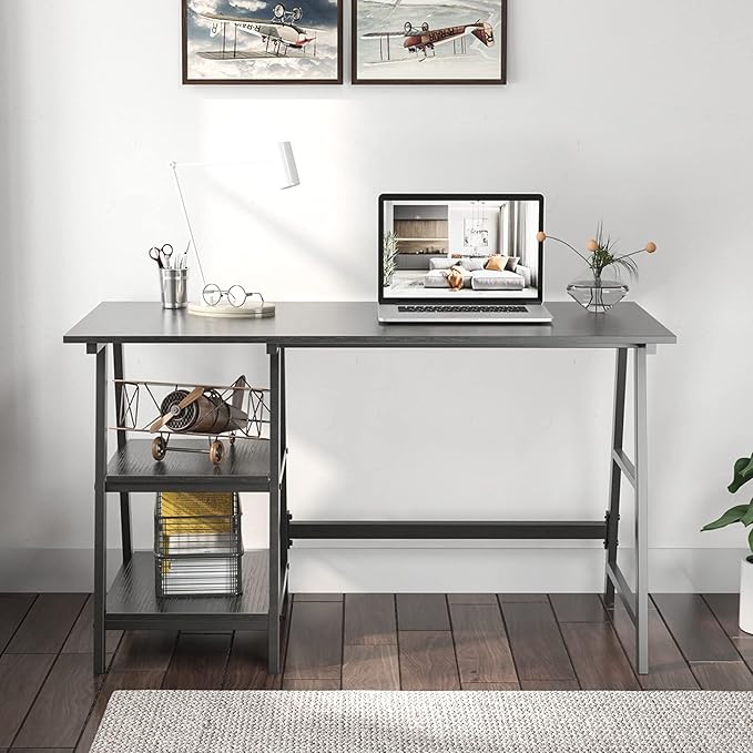 sogesfurniture 47 inches Writing Computer Study Desk with 2 Tier Storage Shelves on Left or Right Side, Trestle Desk, Home Office Study Desk,Black