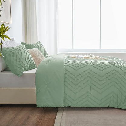 CozyLux King Size Comforter Set Sage Green - 3 Pieces Boho Tufted Shabby Chic Bedding Comforter Set for All Seasons, Chevron Bedding Sets with Comforter & 2 Pillow Shams