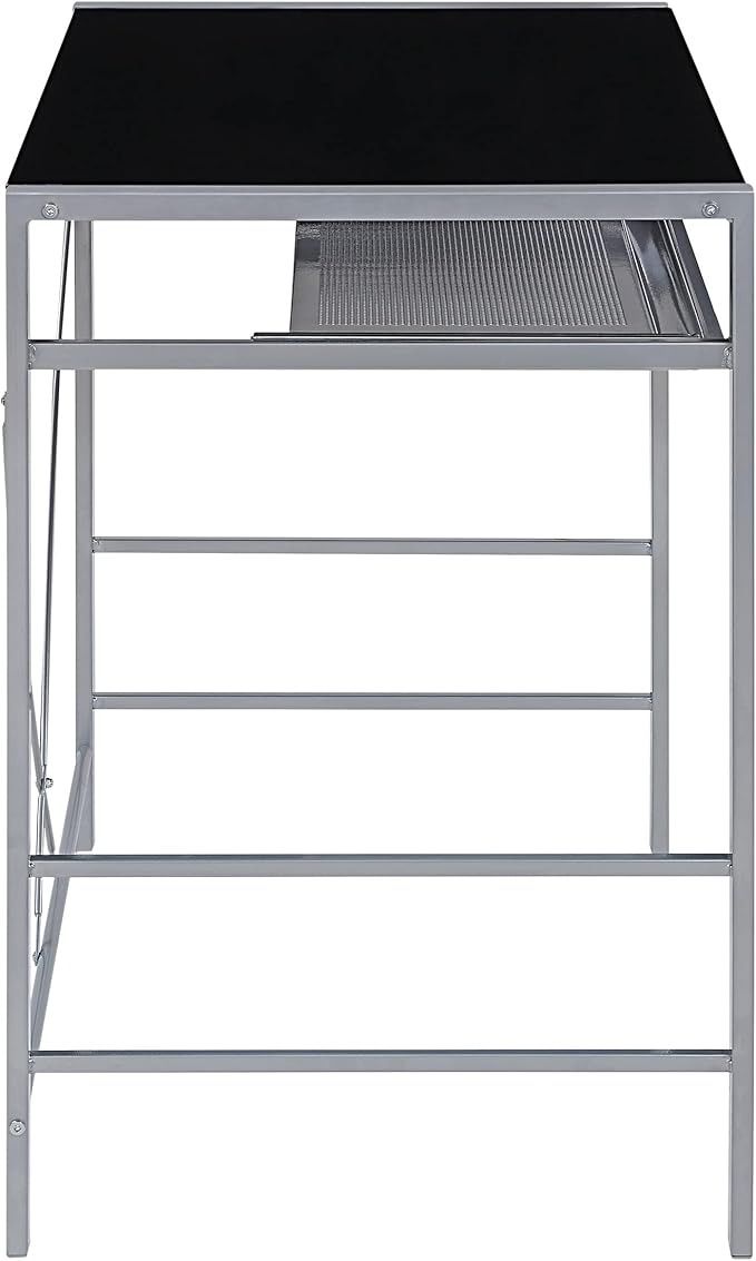 OSP Home Furnishings Zephyr Computer Desk with Keyboard Shelf and Tempered Glass Top, Black Glass and Silver Frame