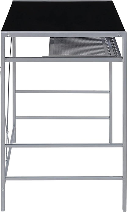 OSP Home Furnishings Zephyr Computer Desk with Keyboard Shelf and Tempered Glass Top, Black Glass and Silver Frame