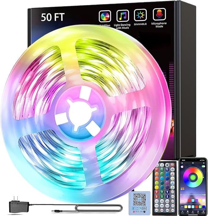 smareal 50ft Led Lights for Bedroom, Led Strip Lights Color Changing Led Lights with 44 Key IR Remote, Led Light Strips for Bedroom Party Home Decoration