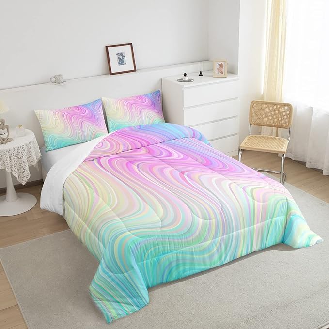 Pastel Rainbow Comforter Set with Pillowcases Abstract Wave Stripes 3D Printed Designs 3 Piece Bedroom Duvet Set Psychedelic Girl Bed Down Comforter for Kids Women Dorm Room (King,Coulourful Marble)