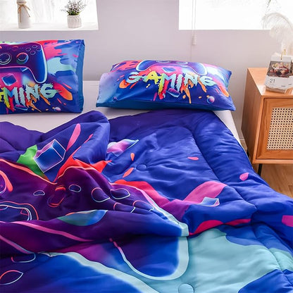 Aimuan Gaming Comforter Sets for Boys Kids Bedding Sets Video Games Console Action Buttons Novelty Colorful Game Gamepad Controller Modern Gamer Room Decor Home Quilt Set (Full, Purple)