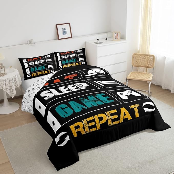 Boys Gaming Comforter Sets for Kids Twin Size Gamer Bedding Set Teens Video Games Comforter Duvet Room Decor Funny Creative Eat Sleep Game Repeat Design Reversible Inner Fill Quilt Set All Season