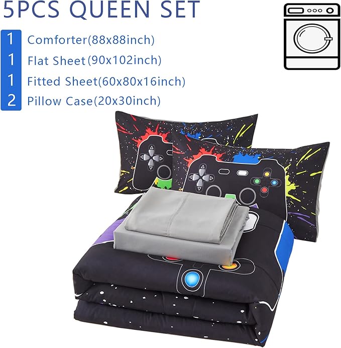 KAKKI 5 Piece Boys Queen Gamer Comforter Set with Sheets, 3D Colorful Video Game Controller Comforter for Kids Teen, All Season Soft Microfiber Gaming Bedding Set(Black,Queen)