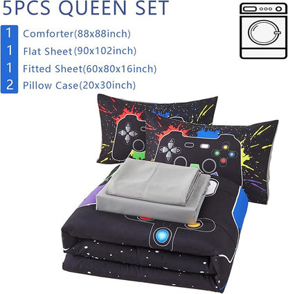 KAKKI 5 Piece Boys Queen Gamer Comforter Set with Sheets, 3D Colorful Video Game Controller Comforter for Kids Teen, All Season Soft Microfiber Gaming Bedding Set(Black,Queen)