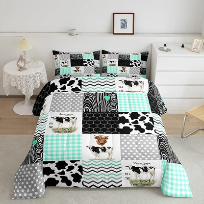 Erosebridal Cute Cow Print Comforter Set Full Size Kawaii Highland Cow Bedding Set Bedroom Decor Honeycomb Plaid Pattern Geometric Stripes Down Comforter Farm Animals Duvet Set, Green Black Grey