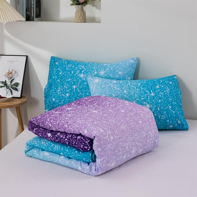 Holawakaka Kids Space Star Glitter Comforter Set Ombre Blue & Purple Print Bedding Set Twin/Twin XL Size Girls Boys Dorm Gradient Galaxy Bed Sets (Blue Purple, Twin)