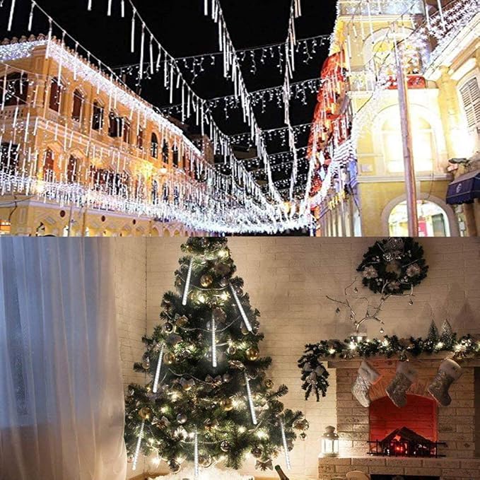 Christmas Lights Outdoor UL Certified Meteor Shower Lights 12Inch 8Tubes 192LED Falling Rain Drop Lights Icicle Snow Cascading Xmas Lights for Tree Wedding Party Garden Decoration,White