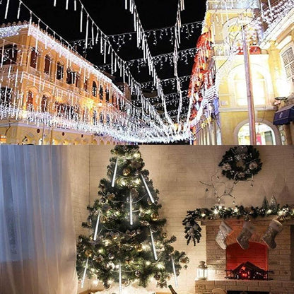Christmas Lights Outdoor UL Certified Meteor Shower Lights 12Inch 8Tubes 192LED Falling Rain Drop Lights Icicle Snow Cascading Xmas Lights for Tree Wedding Party Garden Decoration,White