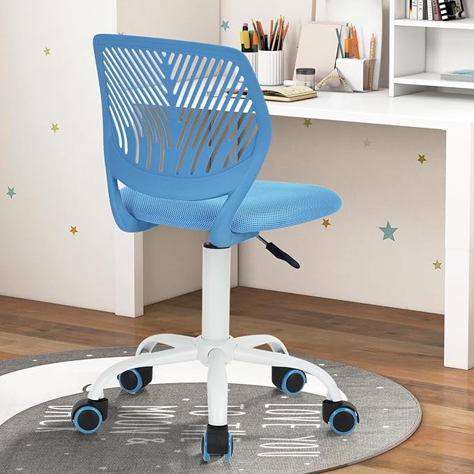 FurnitureR Desk Chair Small Study Chairs Armless for Child Kids Teens, Swivel Rolling Lightweight Task Chair with Wheels and Mesh Padded Cushion, Blue