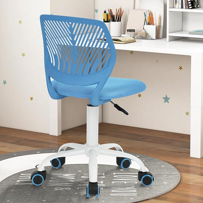 FurnitureR Desk Chair Small Study Chairs Armless for Child Kids Teens, Swivel Rolling Lightweight Task Chair with Wheels and Mesh Padded Cushion, Blue