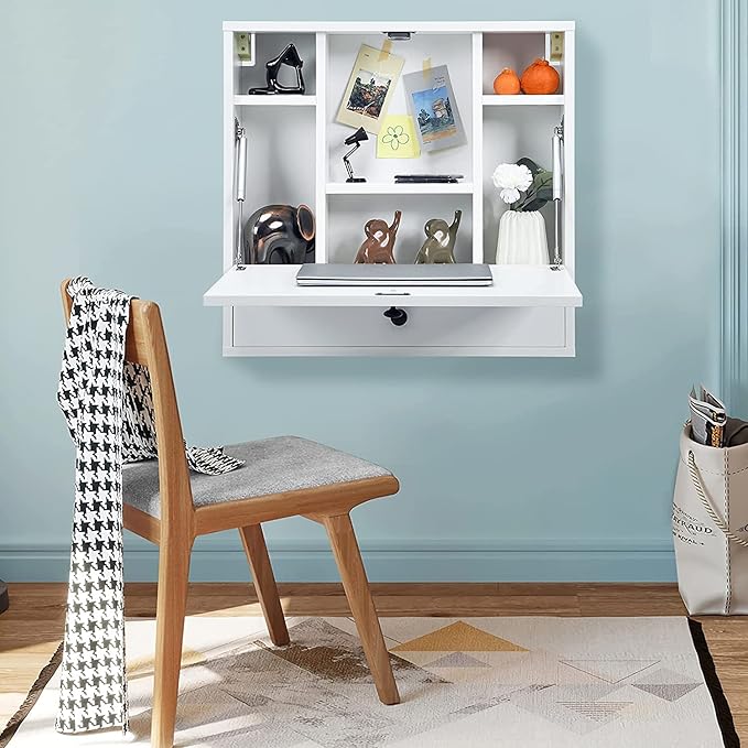 2 in 1 Foldable Tabletop, Folding Wall Mount Laptop Storage Compartments Space Saving Floating Desk, Small, White