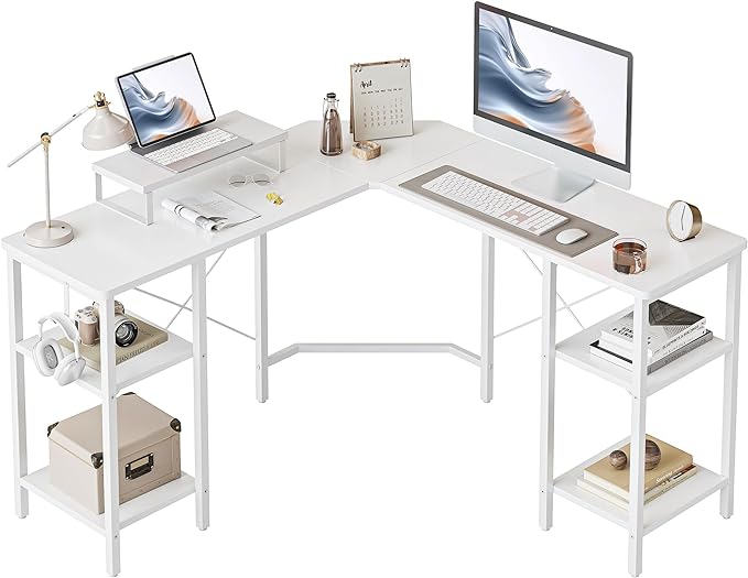 BANTI L Shaped Desk with Shleves, 50.4 inch Large Corner Desk with Two Storage, Space Saving, Easy to Assemble, White