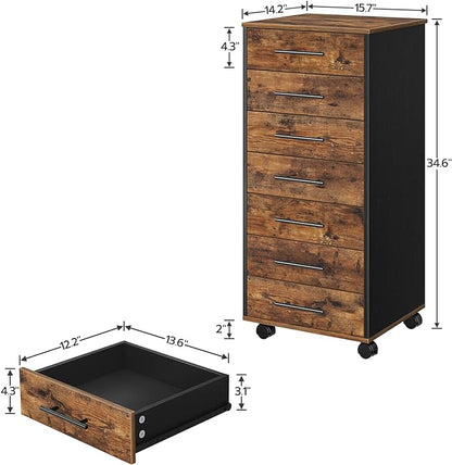 HOOBRO 7-Drawer Chest, File Cabinet, Wooden File Cabinet, Office Cabinet with Drawers, Storage Cabinet, for Home Office, Study, Easy Assembly, Rustic Brown and Black BF07WJ01