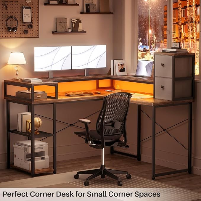 armocity L Shaped Desk with Drawers, Reversible Corner Computer Desk with LED Light & Power Outlet, 55.2'' L-Shaped Gaming Desk with Long Monitor Shelf, Home Office Desk for Small Corner Space, Rustic