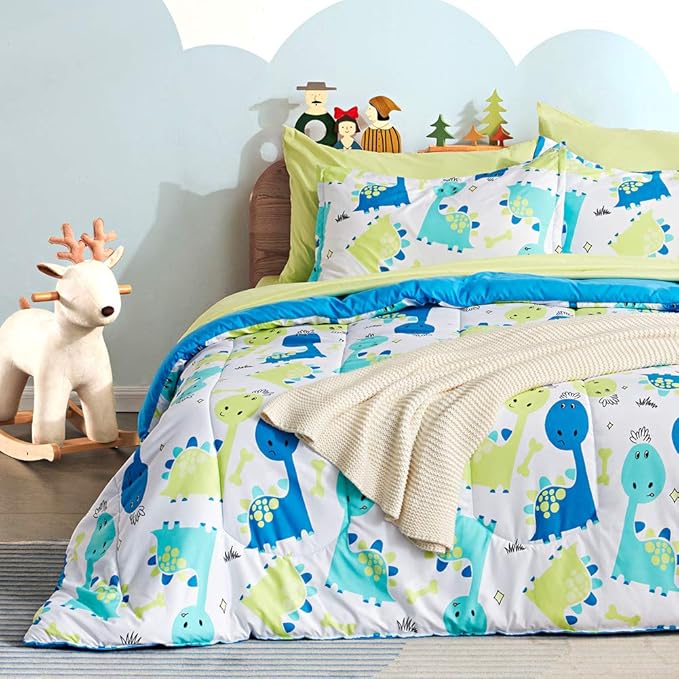 SLEEP ZONE Kids Bedding Comforter Set Full/Queen Size - Super Cute & Soft Kids Bedding 7 Pieces Set with Comforter, Sheet, Pillowcase & Sham (Cute Dino)