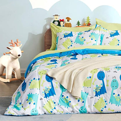 SLEEP ZONE Kids Bedding Comforter Set Full/Queen Size - Super Cute & Soft Kids Bedding 7 Pieces Set with Comforter, Sheet, Pillowcase & Sham (Cute Dino)