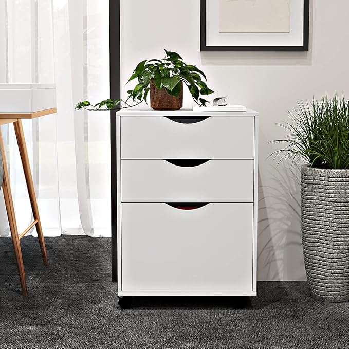 3 Drawers Storage Cabinet, Wooden Mobile Filing Cabinet for Mini Printer Stand, with Lockable Casters, for Home Office (3-Drawers, White)
