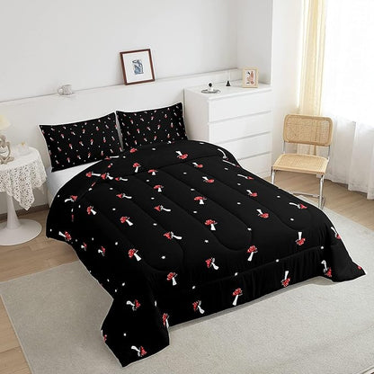 Cute Mushroom Comforter Set King Kid Cartoon Kawaii Reversible Bedding Set Red Mushroom Duvet Set Mushroom Shaped Comforter Lovely Natural Wild Plants Fungus Comforter Set for Room Decor, Black