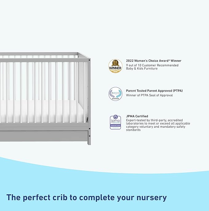 Graco Teddi 5-in-1 Convertible Crib with Drawer (Pebble Gray with White) – GREENGUARD Gold Certified, Crib with Drawer Combo, Full-Size Nursery Storage Drawer, Converts to Toddler Bed