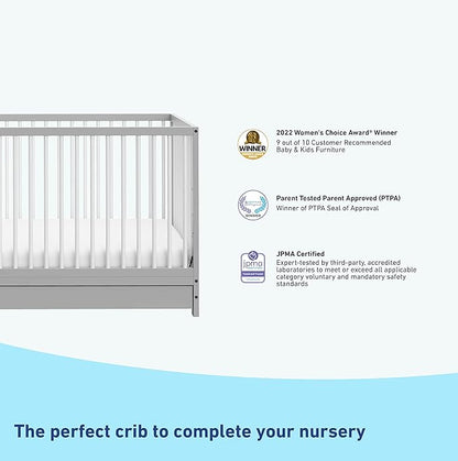 Graco Teddi 5-in-1 Convertible Crib with Drawer (Pebble Gray with White) – GREENGUARD Gold Certified, Crib with Drawer Combo, Full-Size Nursery Storage Drawer, Converts to Toddler Bed