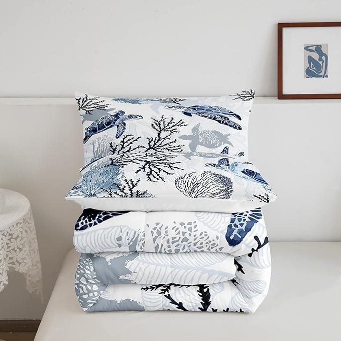 Turtle Comforter Set King,White Blue Hawaiian Turtle Bedding for Kids,Reptile Tortoise Quilt Duvet Set Coastal Beach Theme Comforter Retro Sea Turtle Bed Set for Boys Girls Bedroom Decor(Marine life)