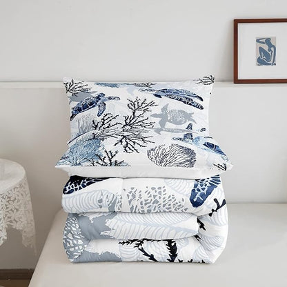 Turtle Comforter Set King,White Blue Hawaiian Turtle Bedding for Kids,Reptile Tortoise Quilt Duvet Set Coastal Beach Theme Comforter Retro Sea Turtle Bed Set for Boys Girls Bedroom Decor(Marine life)
