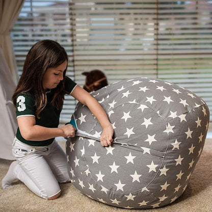 Wekapo Stuffed Animal Storage Bean Bag Chair Cover for Kids | Stuffable Zipper Beanbag for Organizing Children Plush Toys Large Premium Cotton Canvas (Grey star, X-Large)