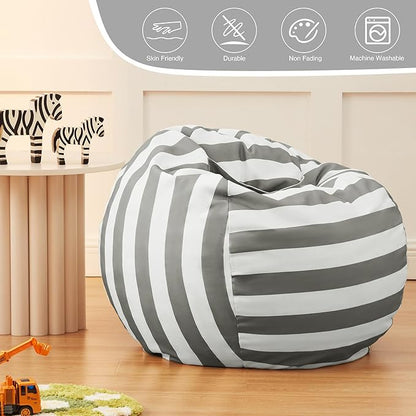 EXQ Home Kids Bean Bag Chairs Cover -Stuffed Animal Bean Bag Storage Grey and White Stripes-Zipper Bean Bag for Organizing Children Plush Toys Holiday Gift for Girl,Boys