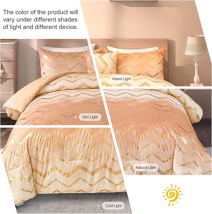 Ombre Beige Comforter Set Queen Size Girls Bedding Soft Microfiber Comforter for Kids Teen Women,4 Pieces (1 Comforter,2 Pillowcase,1 Decorative Pillow Sham)