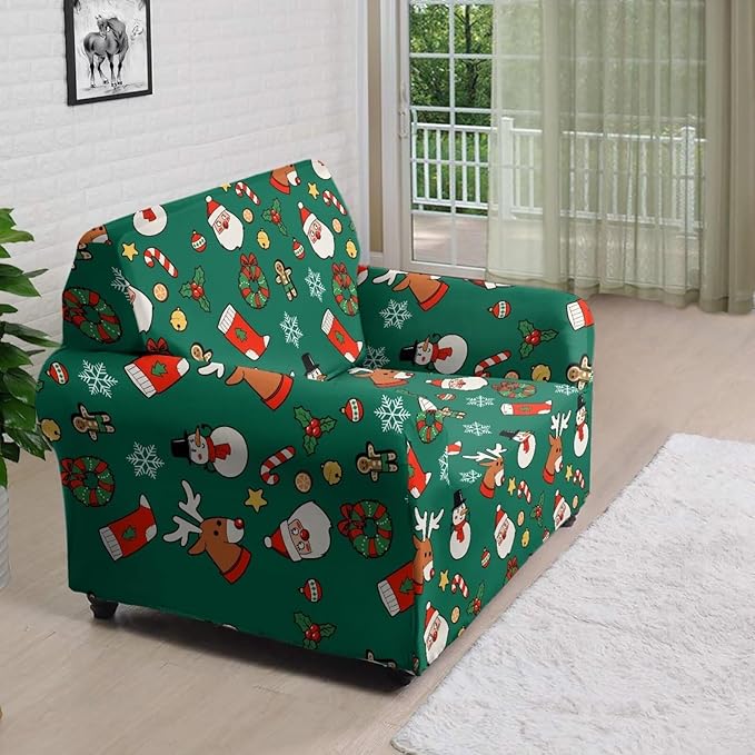 FKELYI Christmas Decorations Green Sofa Slipcover Santa Claus Stretch Sofa Couch Cover for Indoor Washable Furniture Protector with Elastic Bottom S