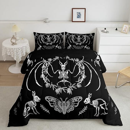 Feelyou Skull Comforter Set Bat Skeleton Comforter Boho Moth Gothic Skull Bedding Set for Kids Boys Girls Adults Halloween Themed Duvet Set Soft Horror Room Decor King Size Quilt Boys