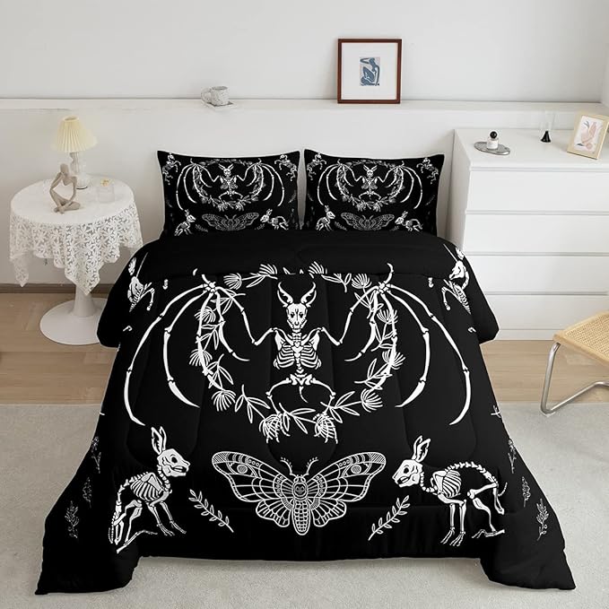 Feelyou Skull Comforter Set Bat Skeleton Comforter Boho Moth Gothic Skull Bedding Set for Kids Boys Girls Adults Halloween Themed Duvet Set Ultra Soft Horror Room Decor Queen Size Quilt Set