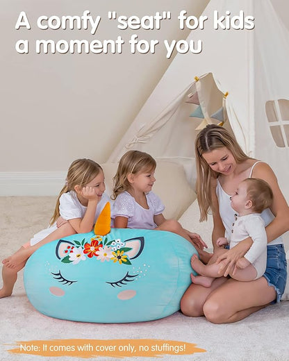 Aubliss Stuffed Animal Storage, Velvet Bean Bag Chairs Cover, X-Large 38" Ultra Soft Kids Toy Storage Organizer for Blankets Towels Clothes Toys, Cyan Floral