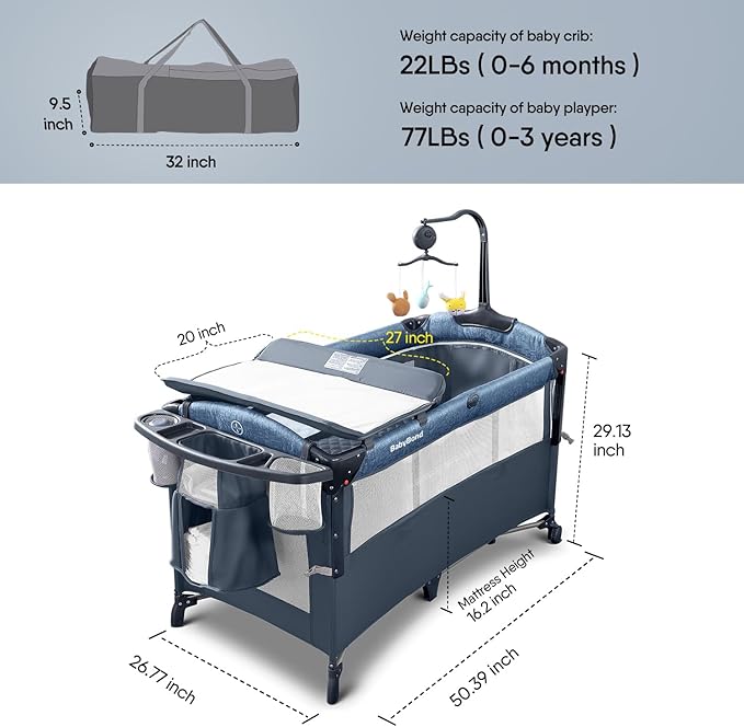 BabyBond Baby Bassinet Bedside Crib, Pack and Play with Sheet, Diaper Changing Table and Music Mobile from Newborn to Toddles, Portable Large Playard