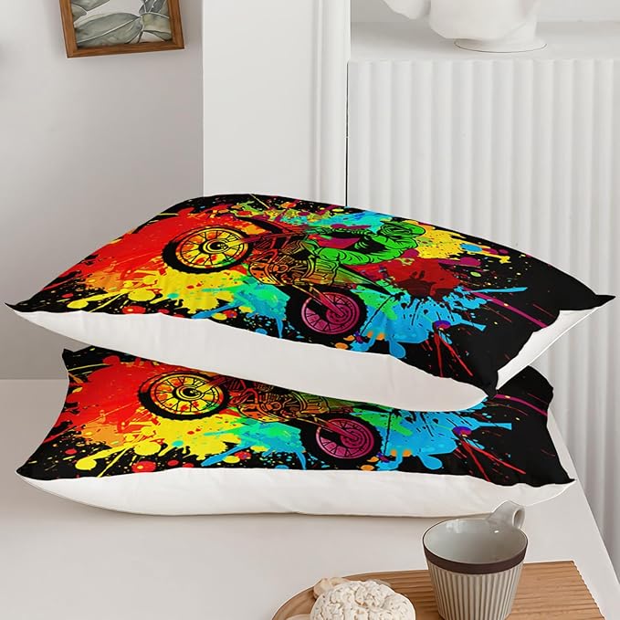 Axolotl Motocross Bedding Set Queen,Dirt Bike Comforter Set,Extreme Sports Bedding,Motorcycle Racer Comforter Set Motocross Comforter Motor Vehicles Biker For Boys Kids Teens Men,1 Quilt 2 Pillowcases