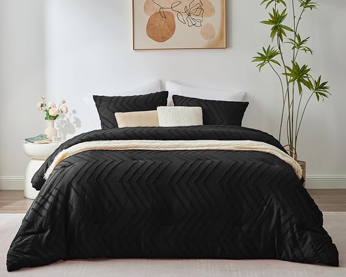 CozyLux Twin/Twin XL Size Comforter Set Black - 2 Pieces Black Boho Tufted Shabby Chic Bedding Comforter Set for All Seasons, Chevron Bedding Sets with Comforter & 1 Pillow Shams