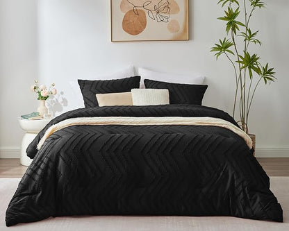 CozyLux Twin/Twin XL Size Comforter Set Black - 2 Pieces Black Boho Tufted Shabby Chic Bedding Comforter Set for All Seasons, Chevron Bedding Sets with Comforter & 1 Pillow Shams