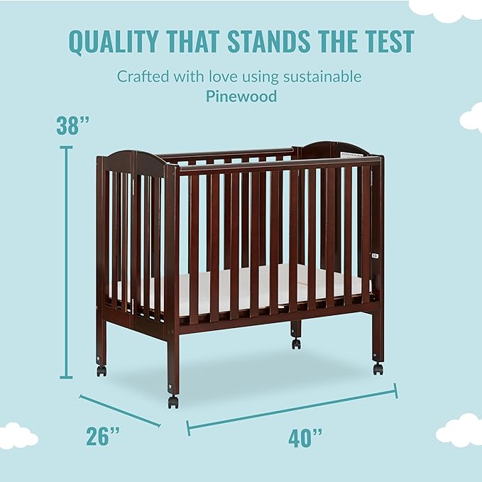 Dream On Me 2 in 1 Portable Folding Stationary Side Crib in Espresso, Greenguard Gold Certified 40x26x38 Inch (Pack of 1)