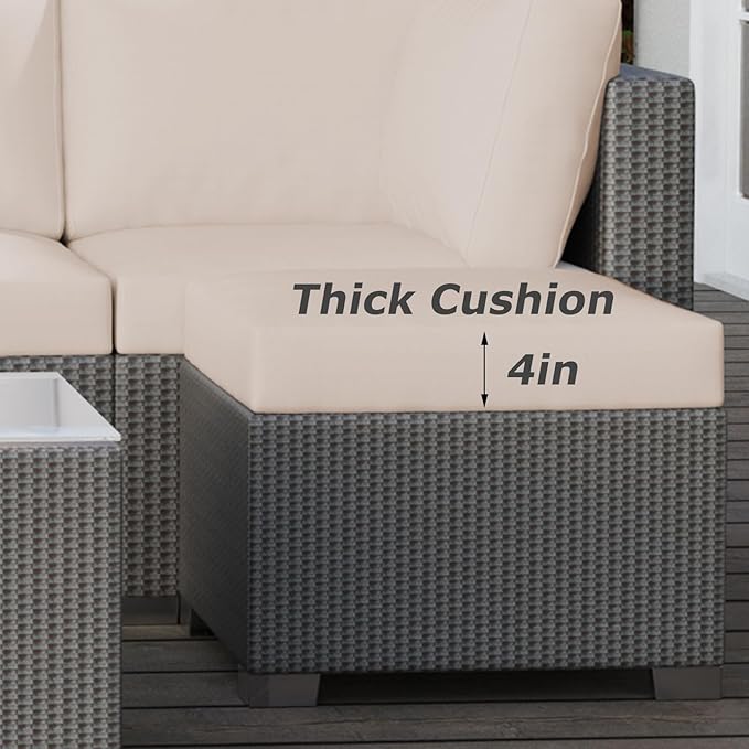 GAOMON 5-Piece Outdoor Patio Rattan Wicker Sofa Set, Pe Rattan Conversation Sectional with Thickened Back Cushion, Glass Tabletop, Ottoman - Ideal for Courtyard Space, Beige