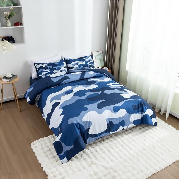 Meeting Story Camouflage Bedding Set, Colorful Pattern Style Comforter Set, 3 PCS One Comforter Two Pillowcases Two Sheets in One Bag, All Season Bedspread for Teens Adults (Navy, Queen