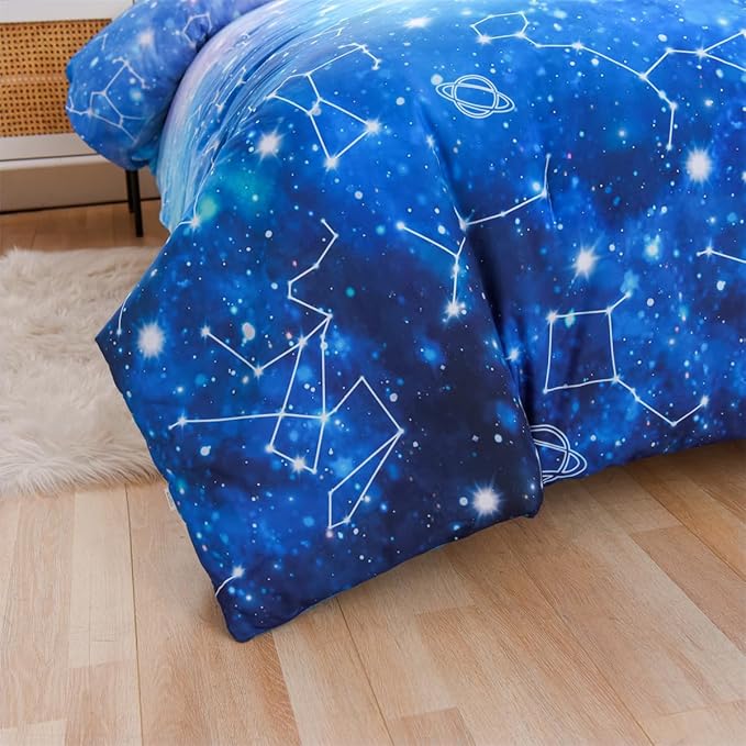 Holawakaka Tie Dye Constellation Print Ombre Comforter Set Twin Size Girls Boys Gradient Galaxy Bedding Set (Cyan,Twin)