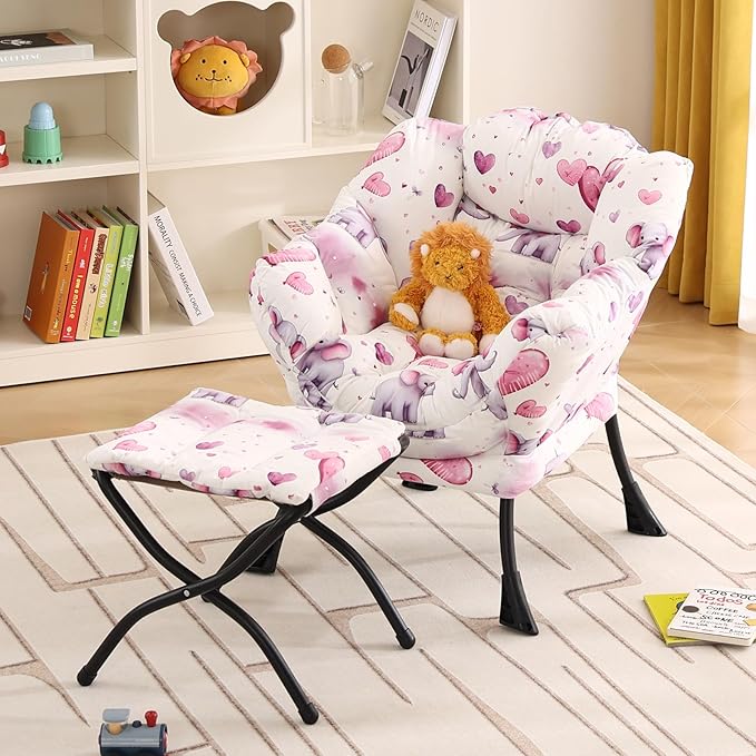 Welnow Toddler Kids Lazy Chair with Ottoman, Glow in The Dark Accent Comfy Lounge Children Armchair Couch with Removable Cover, Detachable Reading Chair with Footrest for Boy or Girl, Pink Elephant
