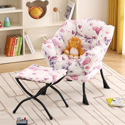 Welnow Toddler Kids Lazy Chair with Ottoman, Glow in The Dark Accent Comfy Lounge Children Armchair Couch with Removable Cover, Detachable Reading Chair with Footrest for Boy or Girl, Pink Elephant