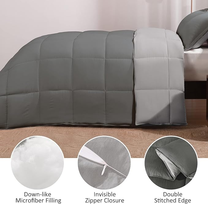 Basic Beyond Queen Comforter Set - Fluffy Comforter Queen Set for All Seasons - Reversible Dark Grey Comforter Set for Mens - 3 Pieces (1 Comforter + 2 Pillow Shams) - Dark Gray/Grey