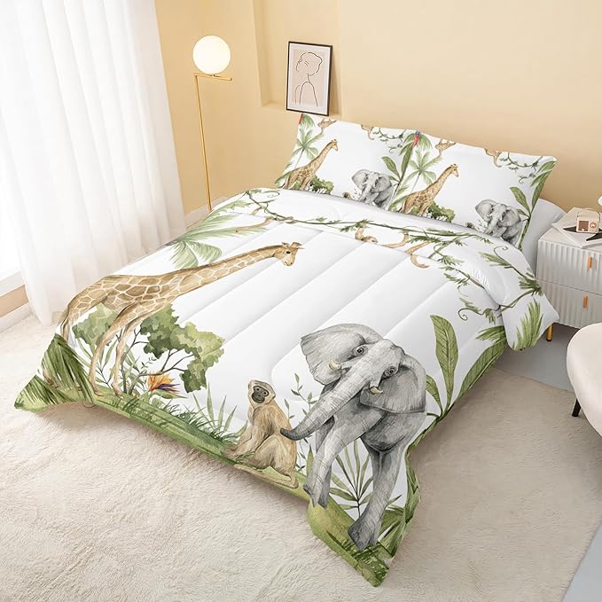 Elephant Giraffe Monkeys Comforter King Size,Wild Animals Kids Comforter Set,3Pcs Bedding Set Printed Comforter with 2 Pillowcases,Down Alternative,Soft and Lightweight,for All Seasons