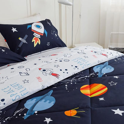 RYNGHIPY Kids Comforter Set Twin Size, Cute Space Rocket Bedding Set for Boys Girls, Space Themed Teen Boy Bedding (Space Rocket,Twin)