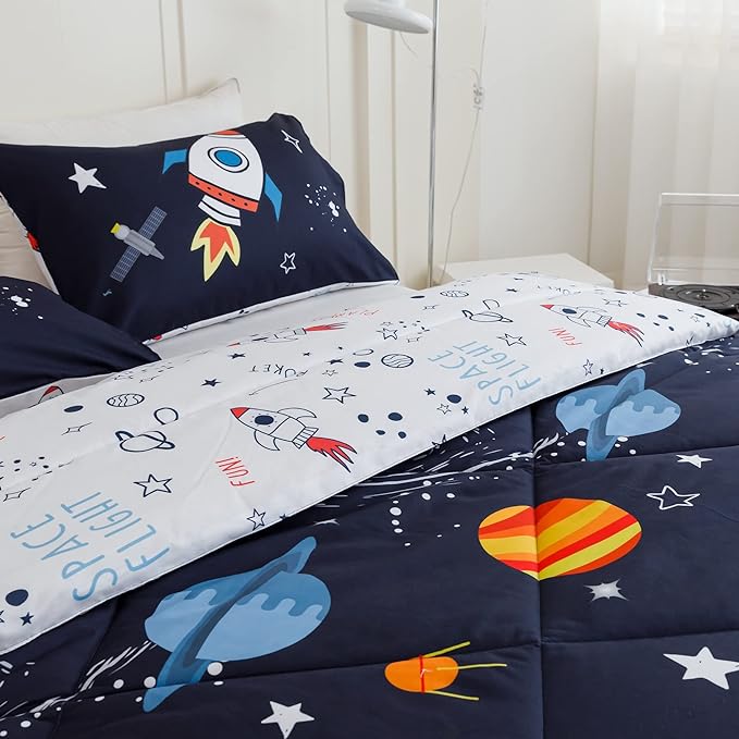 RYNGHIPY Kids Comforter Set Queen Size, Cute Space Rocket Bedding Set for Boys Girls, Space Themed Teen Boy Bedding (Space Rocket,Queen)