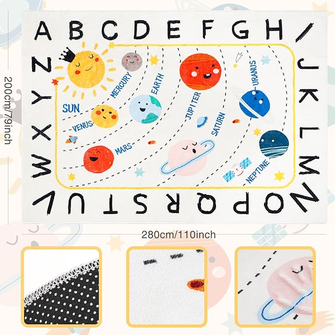 Soft ABC Kids Rug,110.2x78.7 in Washable Large Classroom Rug,Non-Slip Educational Kids Room Rug,Cute Solar System Playroom Area Rug for Classroom Playroom Bedroom Kids Room Decor